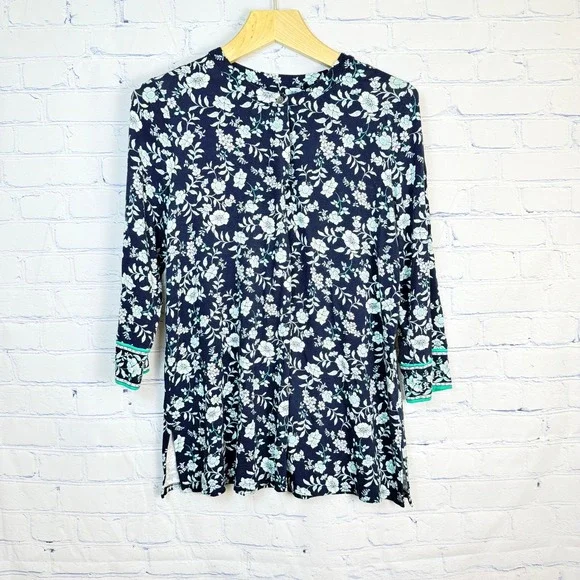 J. Jill Wearever Navy Teal Floral Viscose Stretch Tunic Top Womens Small - Picture 3 of 6